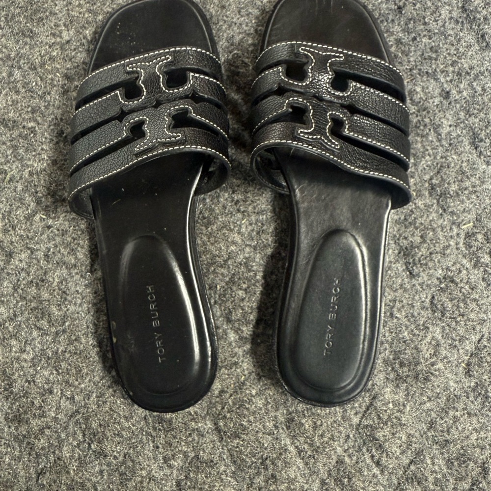 Tory Burch Black Slide Sandals with Silver Accents